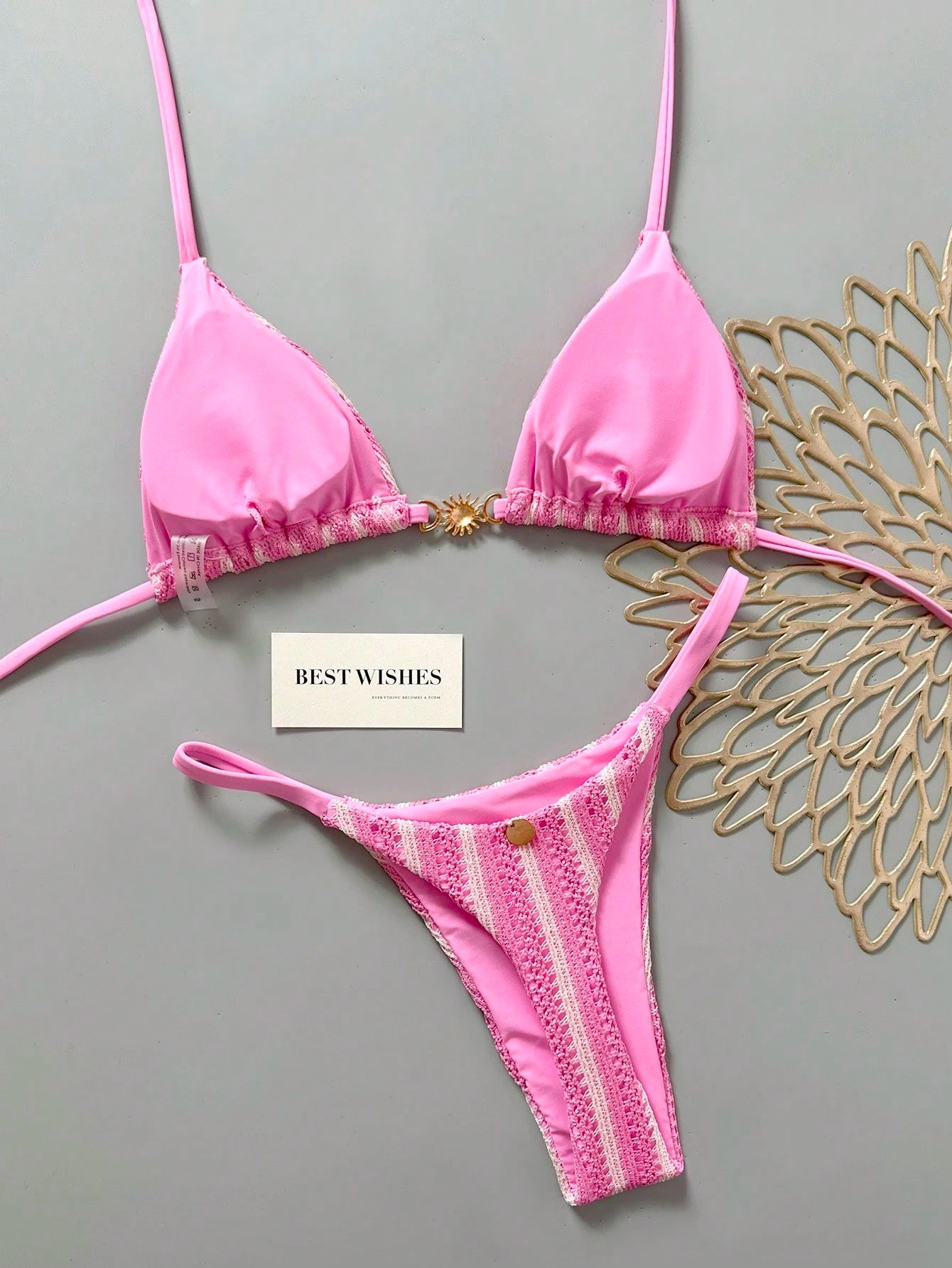 Swim Mod Women's Pink And White Striped 2-Piece Bikini Set,Summer Casual Beach Holiday Vacation Holiday Special Fabric Metal Decor V-Neck Halter Backless Top