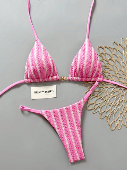 Swim Mod Women's Pink And White Striped 2-Piece Bikini Set,Summer Casual Beach Holiday Vacation Holiday Special Fabric Metal Decor V-Neck Halter Backless Top