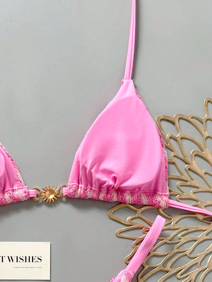 Swim Mod Women's Pink And White Striped 2-Piece Bikini Set,Summer Casual Beach Holiday Vacation Holiday Special Fabric Metal Decor V-Neck Halter Backless Top