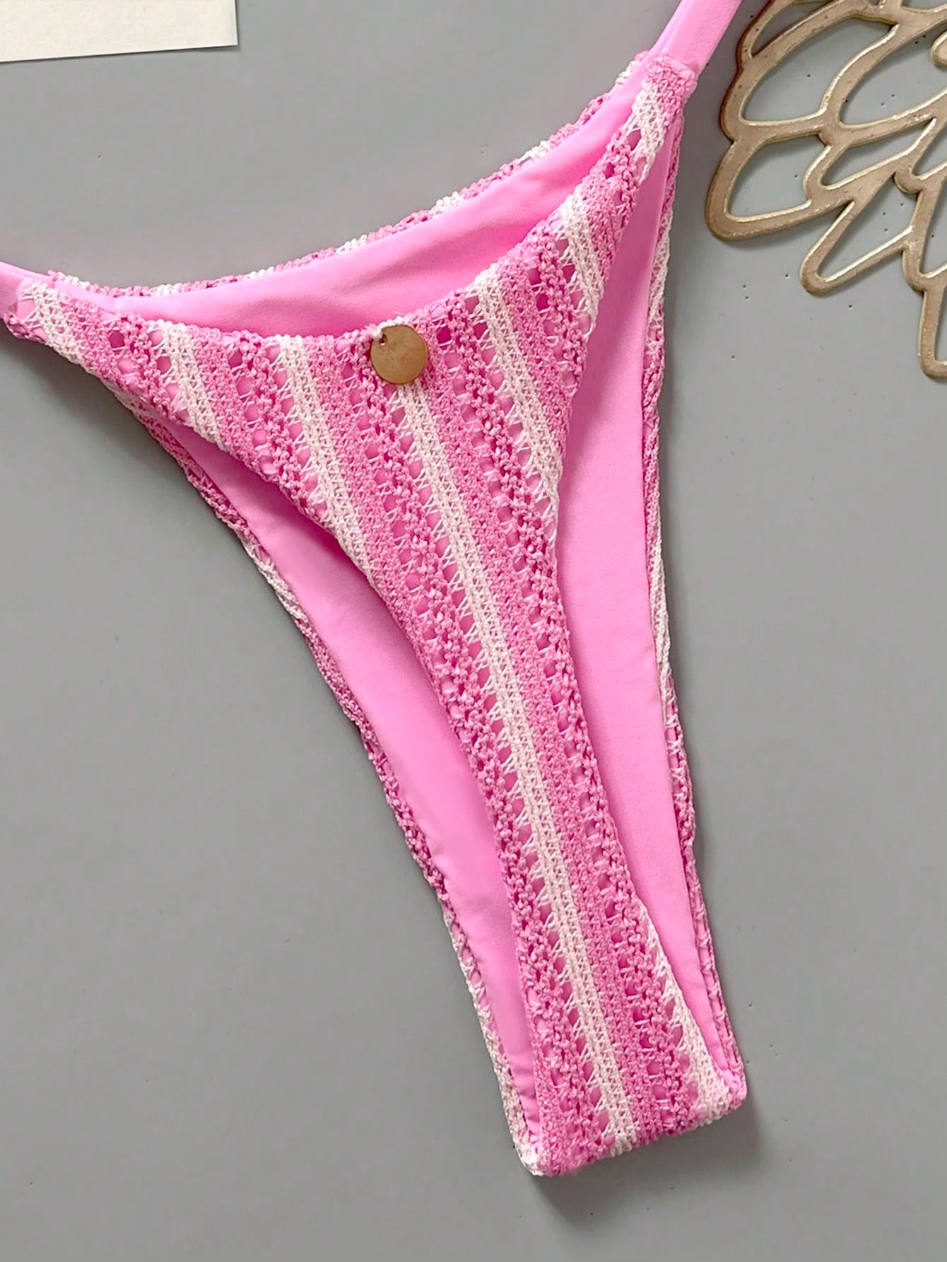 Swim Mod Women's Pink And White Striped 2-Piece Bikini Set,Summer Casual Beach Holiday Vacation Holiday Special Fabric Metal Decor V-Neck Halter Backless Top