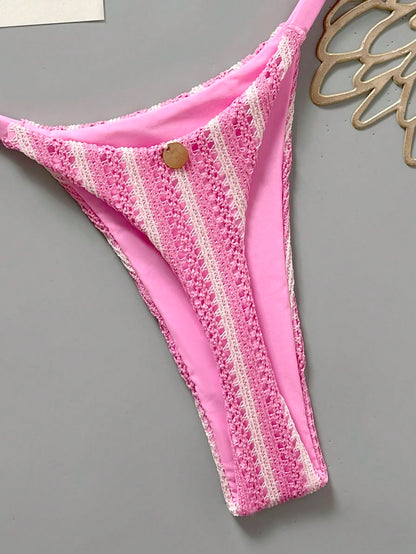 Swim Mod Women's Pink And White Striped 2-Piece Bikini Set,Summer Casual Beach Holiday Vacation Holiday Special Fabric Metal Decor V-Neck Halter Backless Top
