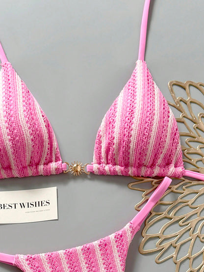 Swim Mod Women's Pink And White Striped 2-Piece Bikini Set,Summer Casual Beach Holiday Vacation Holiday Special Fabric Metal Decor V-Neck Halter Backless Top
