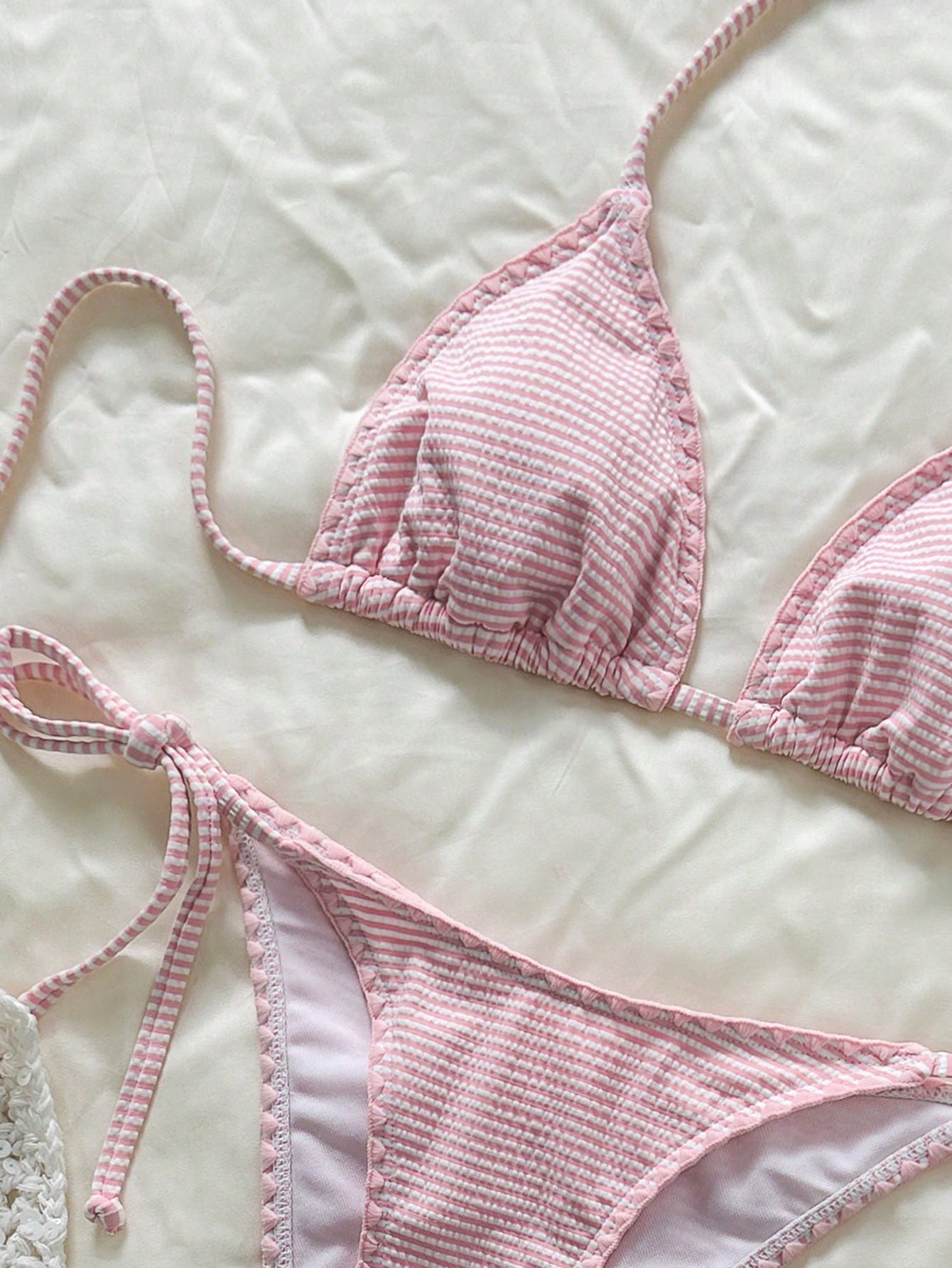Swim Mod Women's Pink Striped Halter Bikini Set With Tie-Side Bottoms And Tie-Back Detail