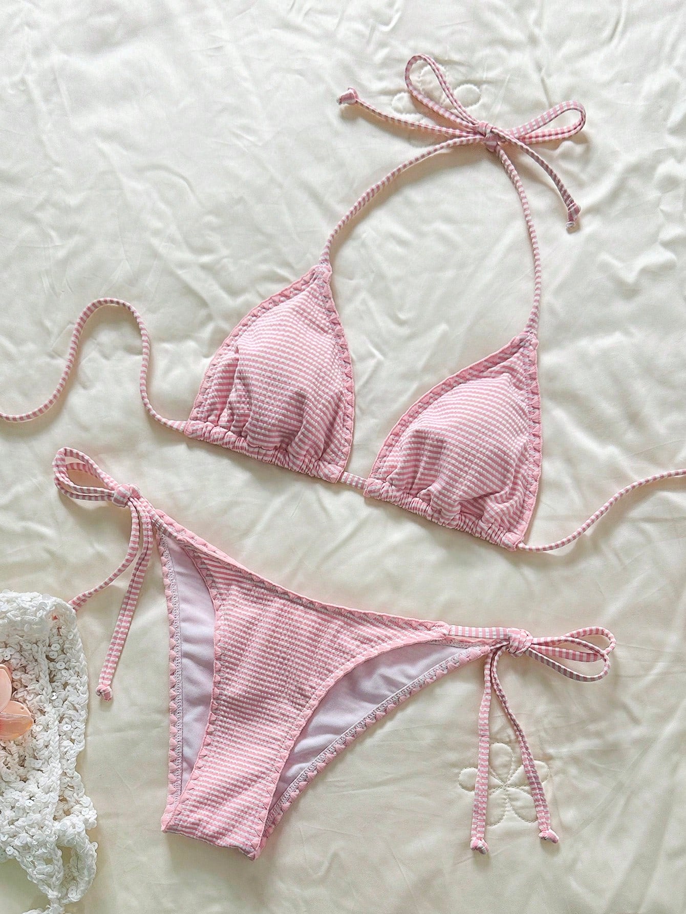 Swim Mod Women's Pink Striped Halter Bikini Set With Tie-Side Bottoms And Tie-Back Detail