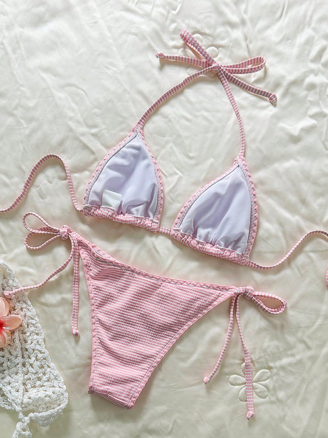 Swim Mod Women's Pink Striped Halter Bikini Set With Tie-Side Bottoms And Tie-Back Detail