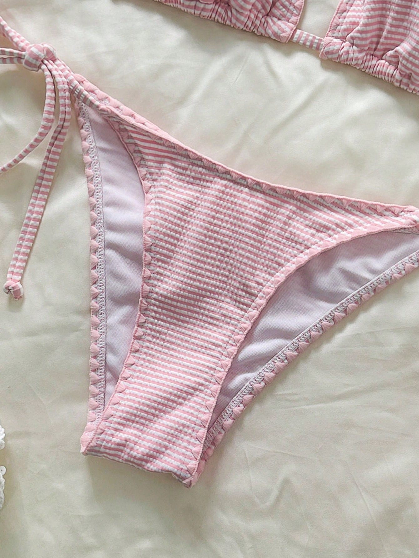 Swim Mod Women's Pink Striped Halter Bikini Set With Tie-Side Bottoms And Tie-Back Detail