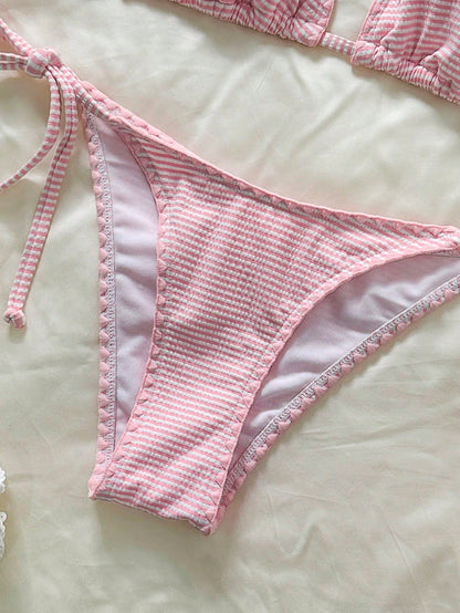 Swim Mod Women's Pink Striped Halter Bikini Set With Tie-Side Bottoms And Tie-Back Detail