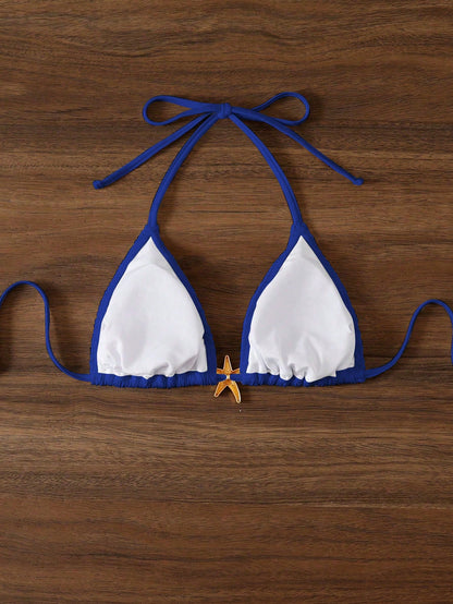 Swim Mod Women's Royal Blue Summer Casual Beach Holiday Vacation One-Piece Swimwear Top,Halter Backless Tie Back Solid Color Shell Starfish Seashell Bikini
