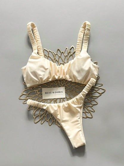 Swim Mod Women's Solid Color Ruched High Cut Sexy Bikini Set, Spring/Summer