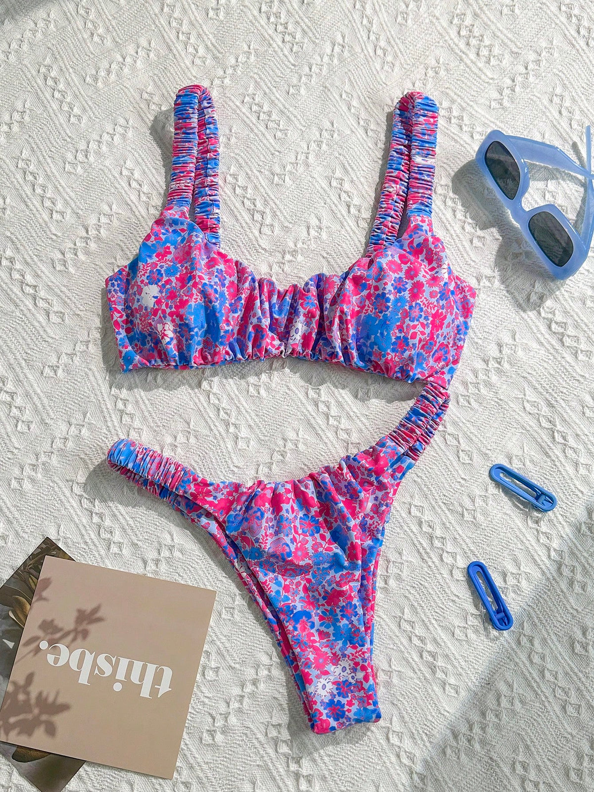 Swim Mod Women's Solid Color Ruched High Cut Sexy Bikini Set, Spring/Summer