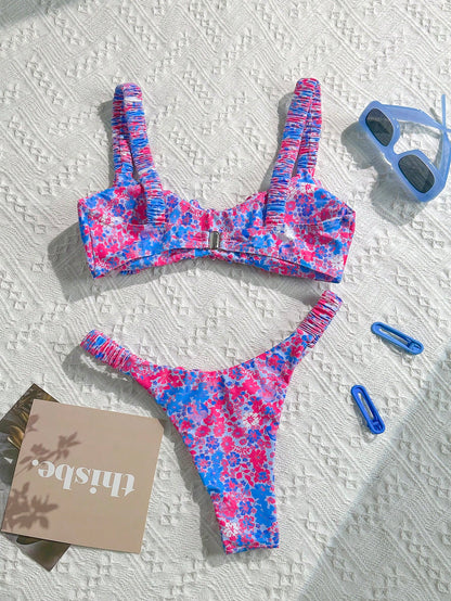 Swim Mod Women's Solid Color Ruched High Cut Sexy Bikini Set, Spring/Summer