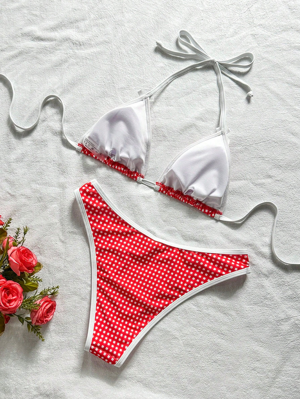 Swim Mod Women's Summer Beach Vacation Red Plaid Bow Decor White Trim Halter Tie Back Sexy Bikini Set Set