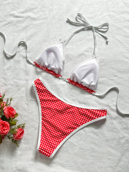Swim Mod Women's Summer Beach Vacation Red Plaid Bow Decor White Trim Halter Tie Back Sexy Bikini Set Set