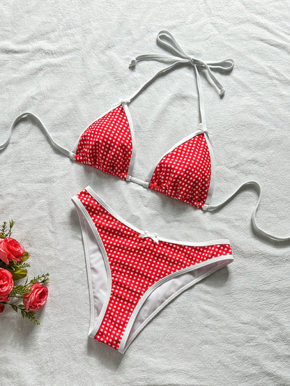 Swim Mod Women's Summer Beach Vacation Red Plaid Bow Decor White Trim Halter Tie Back Sexy Bikini Set Set