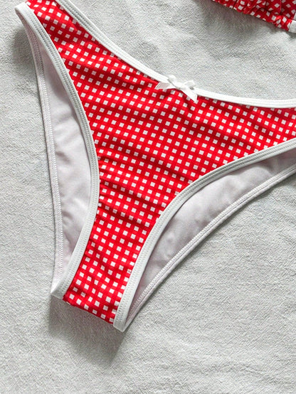 Swim Mod Women's Summer Beach Vacation Red Plaid Bow Decor White Trim Halter Tie Back Sexy Bikini Set Set