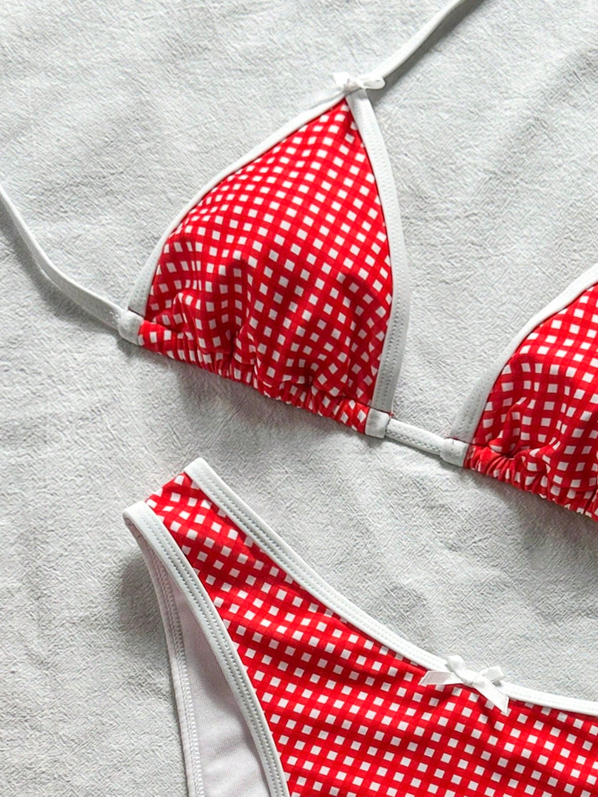 Swim Mod Women's Summer Beach Vacation Red Plaid Bow Decor White Trim Halter Tie Back Sexy Bikini Set Set