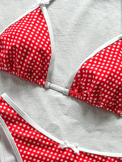 Swim Mod Women's Summer Beach Vacation Red Plaid Bow Decor White Trim Halter Tie Back Sexy Bikini Set Set