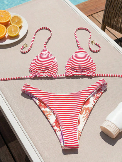 Swim Mod Women's White Summer Casual Beach Holiday Pool Party Vacation Holiday,Ocean Animal & Stripe Reversible Halter Neck Triangle Top & Bikini Bottoms