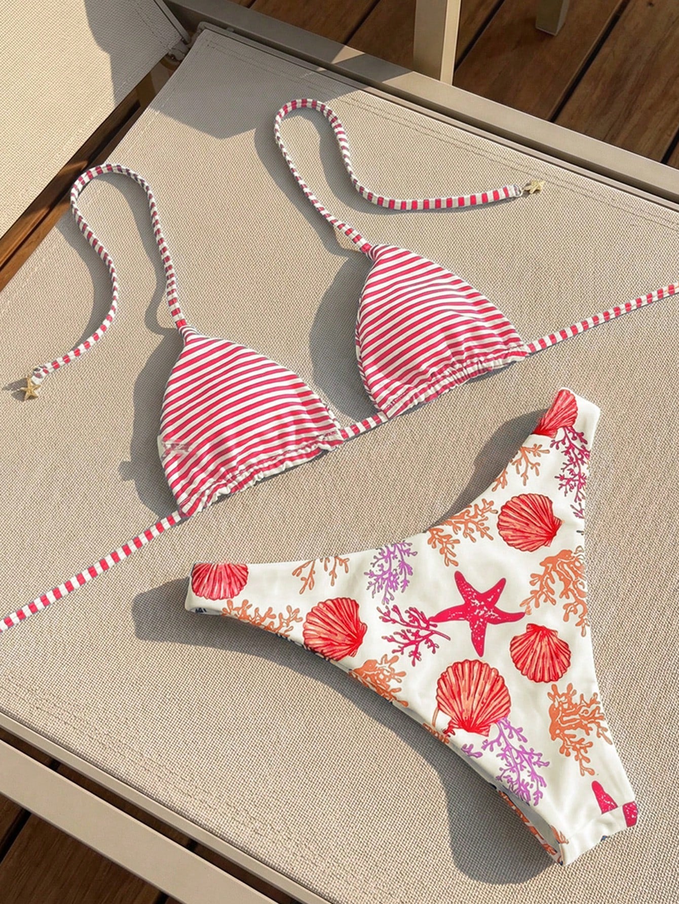 Swim Mod Women's White Summer Casual Beach Holiday Pool Party Vacation Holiday,Ocean Animal & Stripe Reversible Halter Neck Triangle Top & Bikini Bottoms