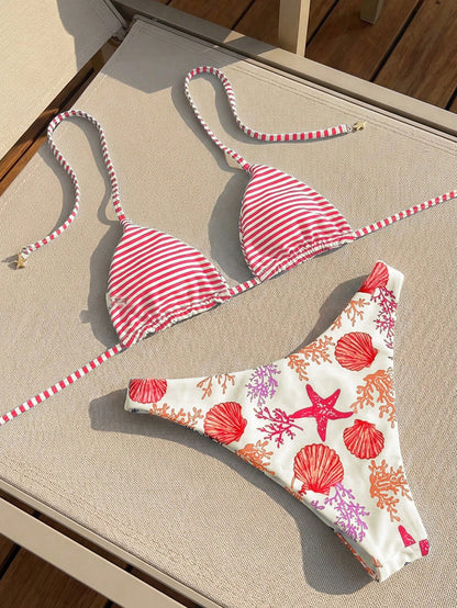 Swim Mod Women's White Summer Casual Beach Holiday Pool Party Vacation Holiday,Ocean Animal & Stripe Reversible Halter Neck Triangle Top & Bikini Bottoms