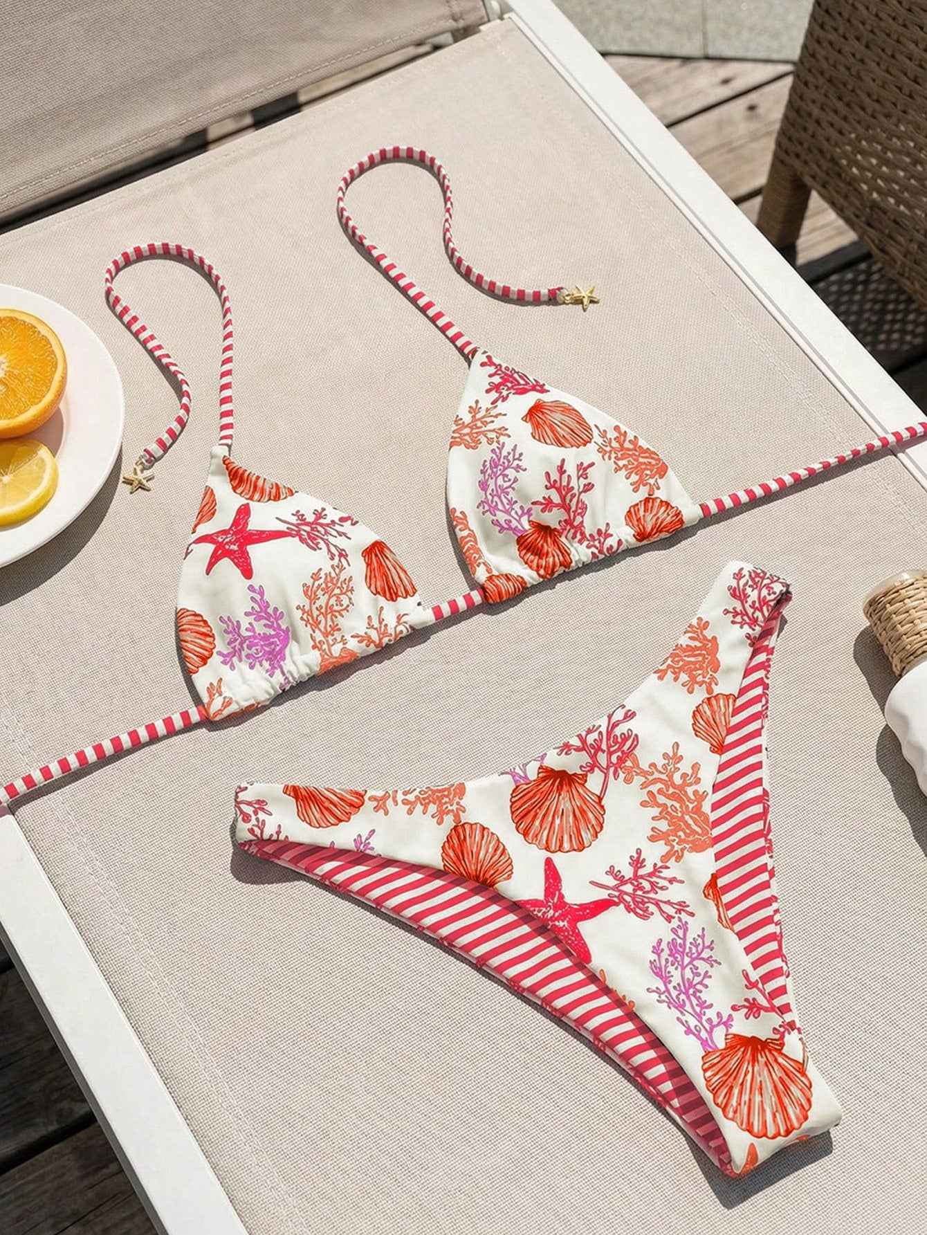 Swim Mod Women's White Summer Casual Beach Holiday Pool Party Vacation Holiday,Ocean Animal & Stripe Reversible Halter Neck Triangle Top & Bikini Bottoms