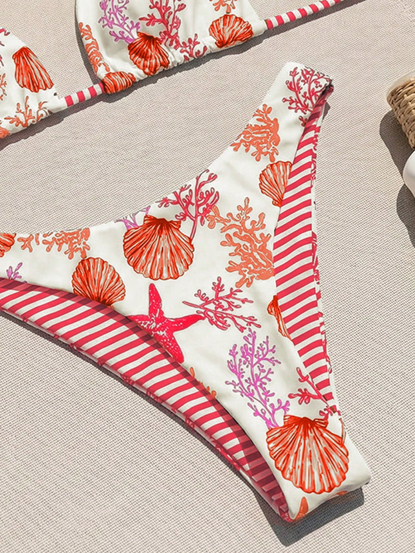 Swim Mod Women's White Summer Casual Beach Holiday Pool Party Vacation Holiday,Ocean Animal & Stripe Reversible Halter Neck Triangle Top & Bikini Bottoms