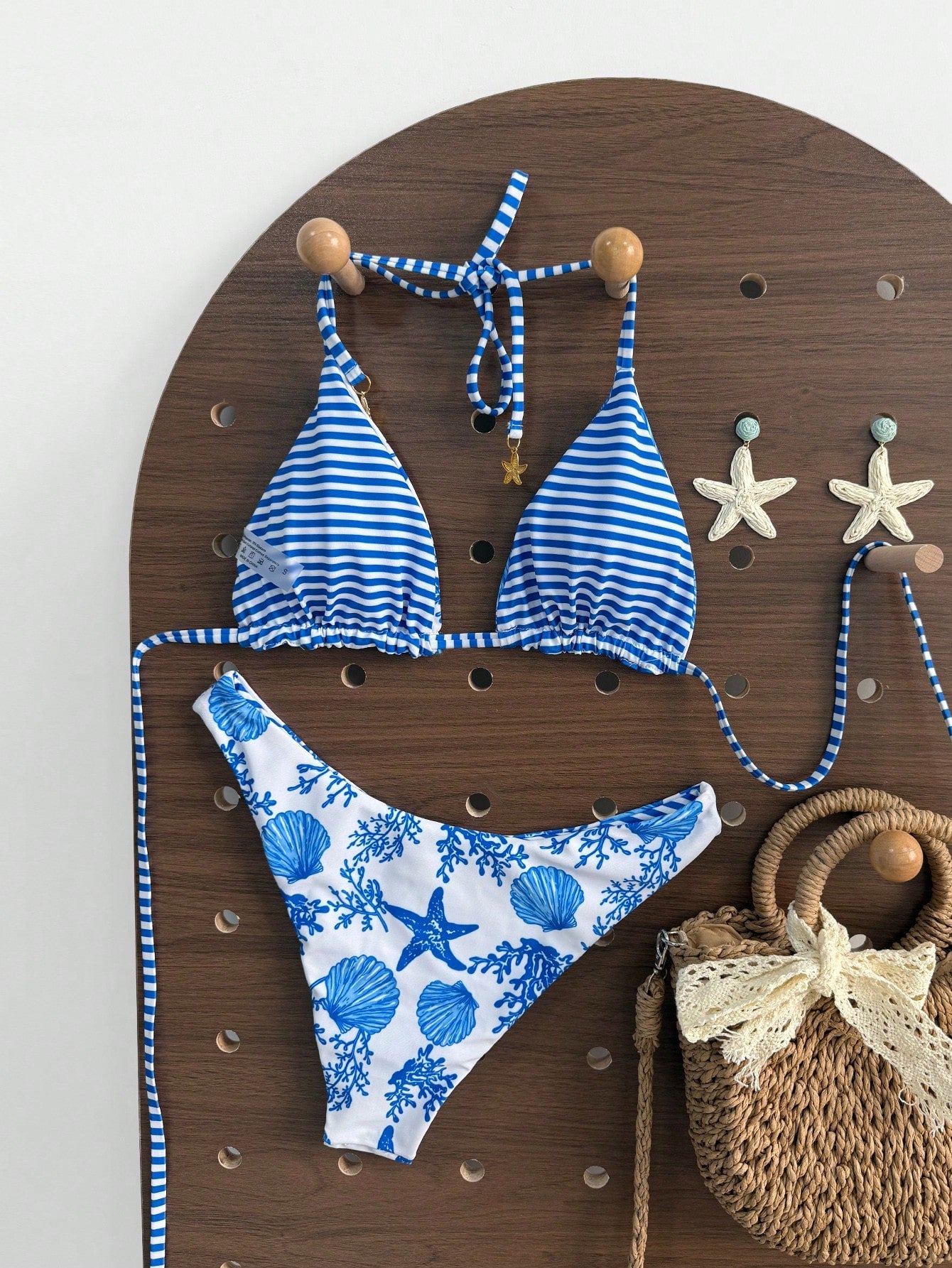 Swim Mod Women's White Summer Casual Beach Holiday Pool Party Vacation Holiday,Ocean Animal & Stripe Reversible Halter Neck Triangle Top & Bikini Bottoms