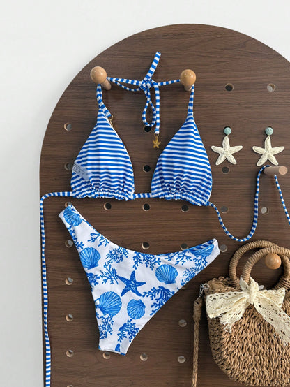 Swim Mod Women's White Summer Casual Beach Holiday Pool Party Vacation Holiday,Ocean Animal & Stripe Reversible Halter Neck Triangle Top & Bikini Bottoms