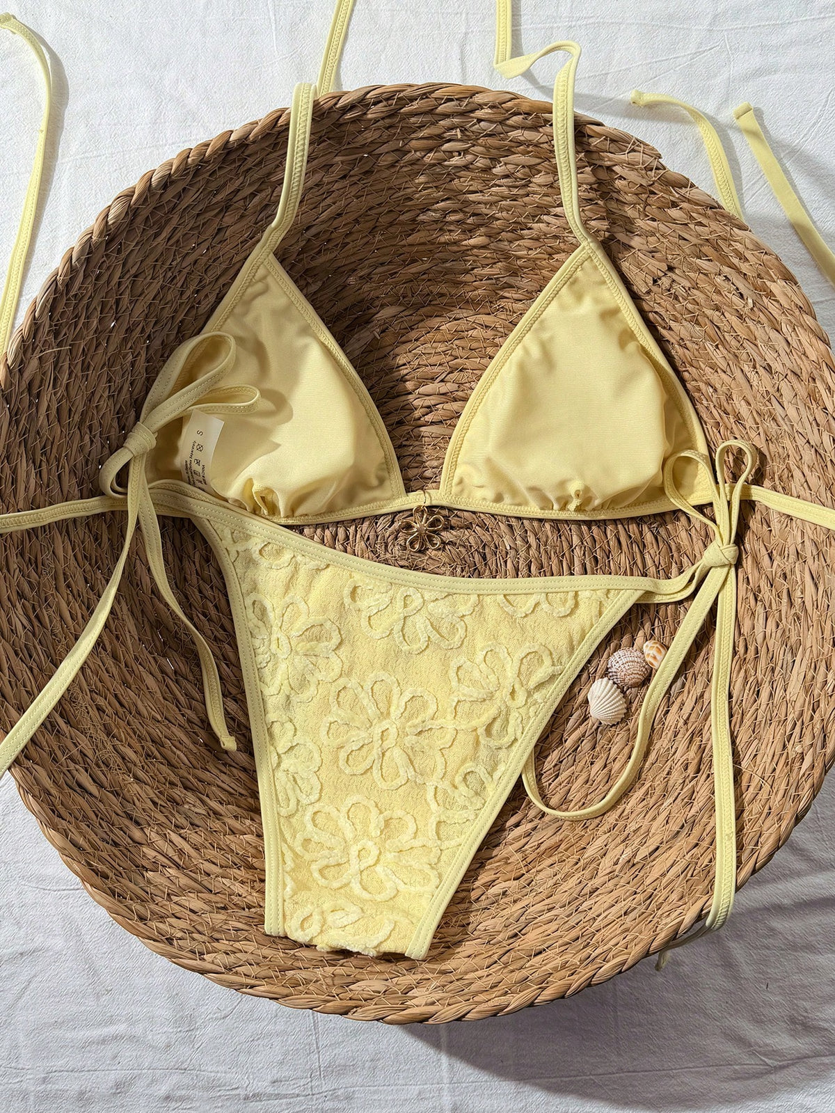 Swim Mod Women Yellow Floral Textured Bikini Set,Summer Casual Beach Holiday Vacation Spaghetti Strap Halter Backless Drawstring Side Two Piece Bathing Suit