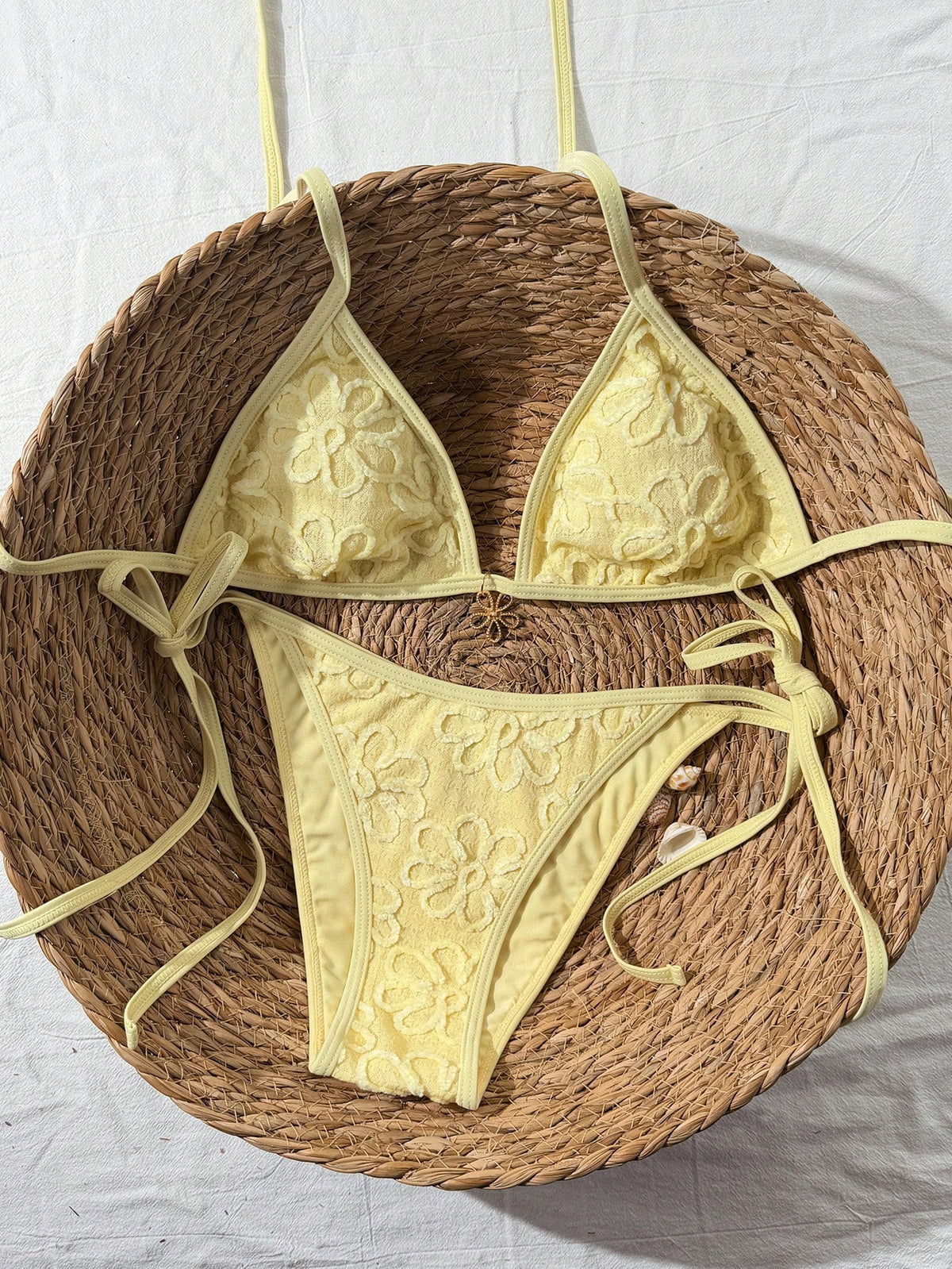 Swim Mod Women Yellow Floral Textured Bikini Set,Summer Casual Beach Holiday Vacation Spaghetti Strap Halter Backless Drawstring Side Two Piece Bathing Suit