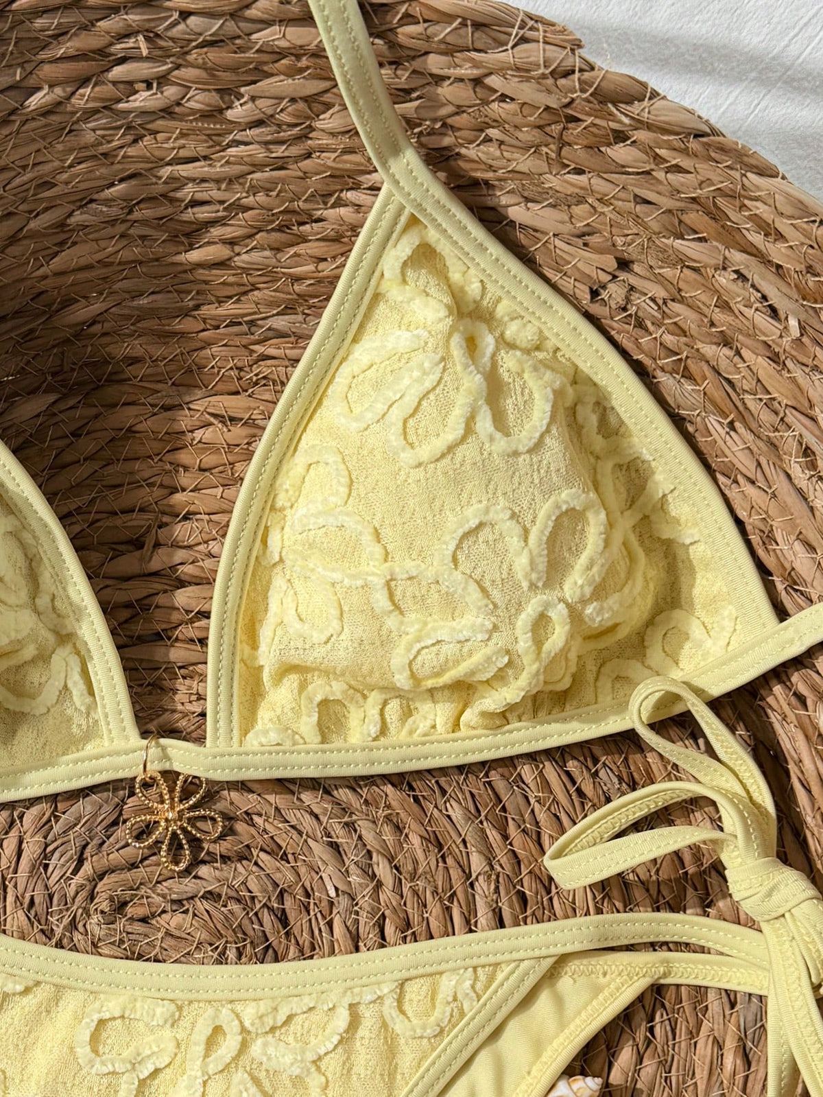 Swim Mod Women Yellow Floral Textured Bikini Set,Summer Casual Beach Holiday Vacation Spaghetti Strap Halter Backless Drawstring Side Two Piece Bathing Suit