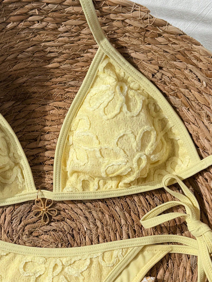 Swim Mod Women Yellow Floral Textured Bikini Set,Summer Casual Beach Holiday Vacation Spaghetti Strap Halter Backless Drawstring Side Two Piece Bathing Suit