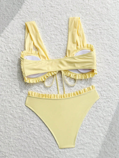 Swim Mod Young Ladies' Sweet 2pcs Ditsy Floral Random Flower Halter Strap Triangle Bikini Swimwear Set