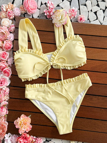 Swim Mod Young Ladies' Sweet 2pcs Ditsy Floral Random Flower Halter Strap Triangle Bikini Swimwear Set