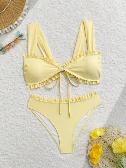 Swim Mod Young Ladies' Sweet 2pcs Ditsy Floral Random Flower Halter Strap Triangle Bikini Swimwear Set