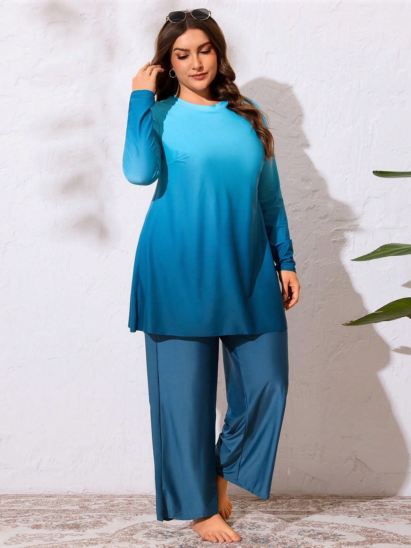 Swim Mulvari Plus Size 2-Piece Gradient Print Long Sleeve Crew Neck Pullover Modest Loose Slimming Middle Eastern Women's Burkini Casual Vacation Swimwear Set