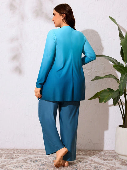 Swim Mulvari Plus Size 2-Piece Gradient Print Long Sleeve Crew Neck Pullover Modest Loose Slimming Middle Eastern Women's Burkini Casual Vacation Swimwear Set