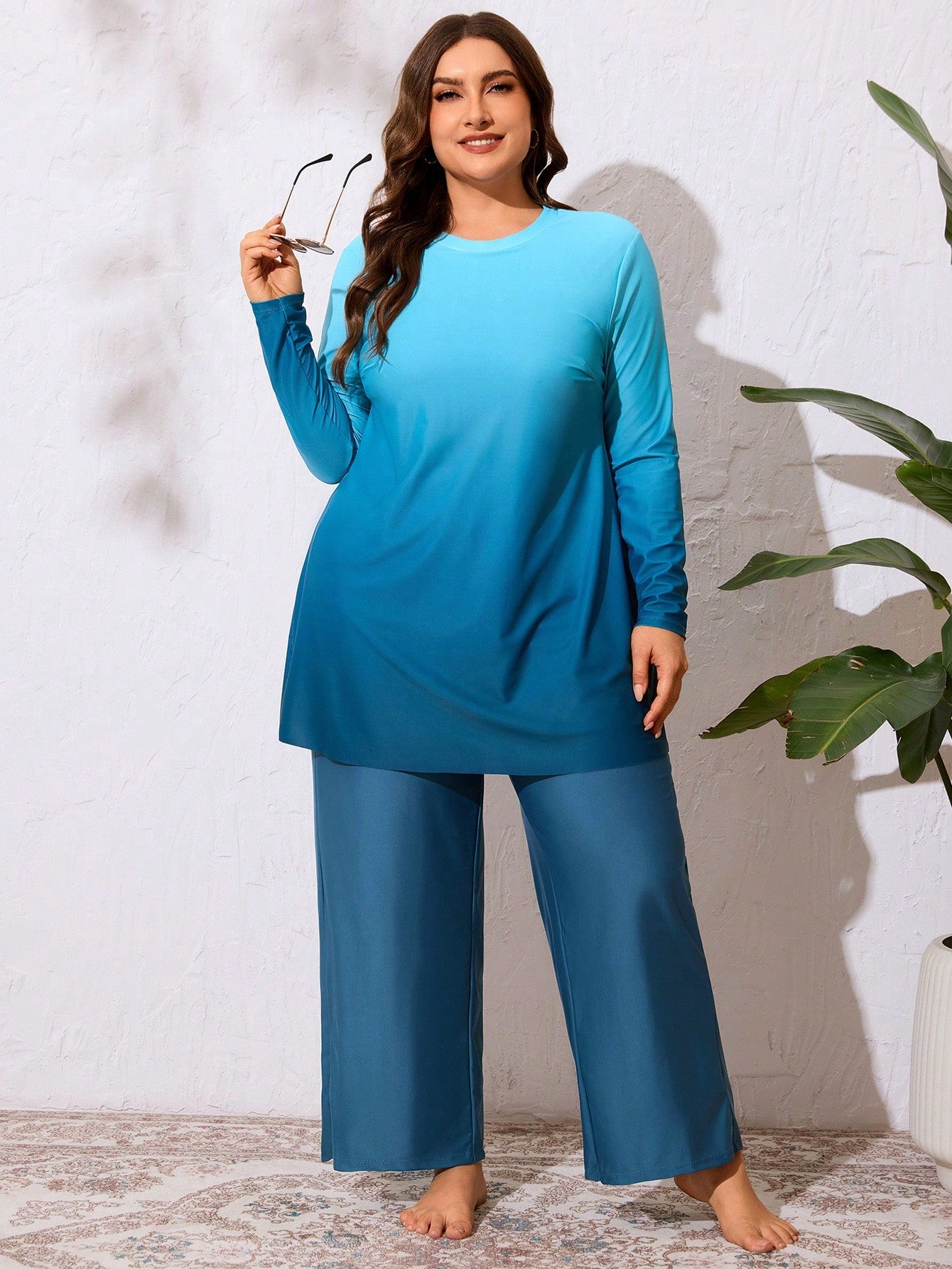 Swim Mulvari Plus Size 2-Piece Gradient Print Long Sleeve Crew Neck Pullover Modest Loose Slimming Middle Eastern Women's Burkini Casual Vacation Swimwear Set