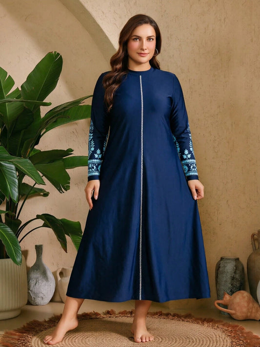 Swim Mulvari Plus Size 2pcs Women Solid Color Burkini Set: Lined Decor Tankini Top And Solid Color Long Pants Beach Navy Blue Summer 1920s