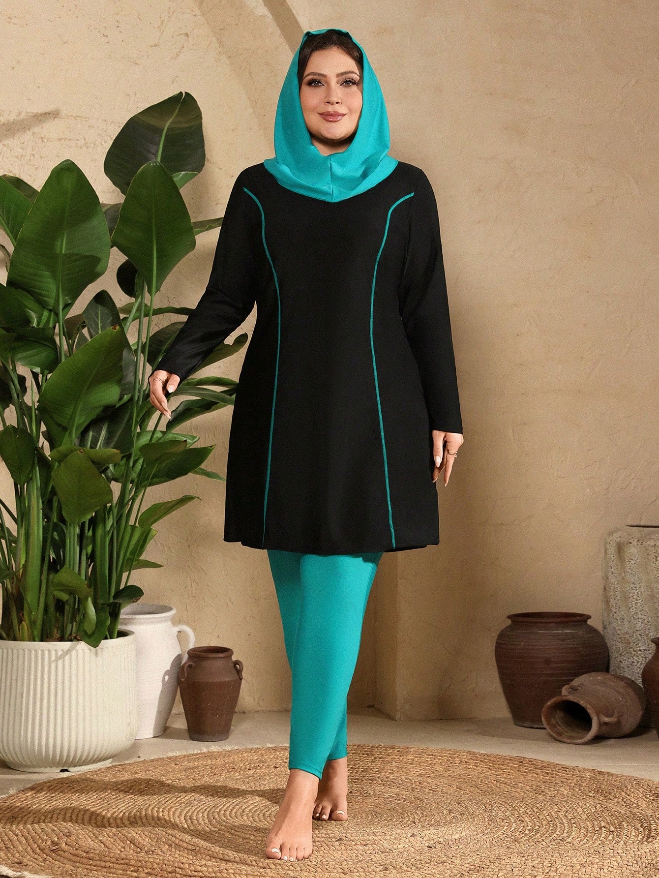 Swim Mulvari Plus Size Beach Burkini Set,Black Summer Modest Vacation Holiday Outfits For Women Abaya Swimwear With Hijab Full Coverage Clothes Turquoise