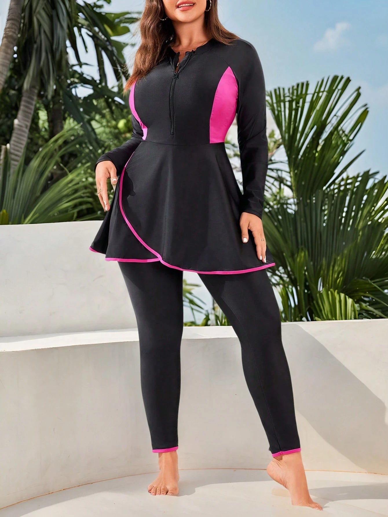 Swim Mulvari Plus Size Colorblock Zip Front Burkini Swimsuit Top & Pants For Summer Arabic Clothing