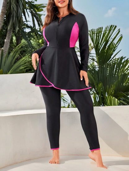 Swim Mulvari Plus Size Colorblock Zip Front Burkini Swimsuit Top & Pants For Summer Arabic Clothing