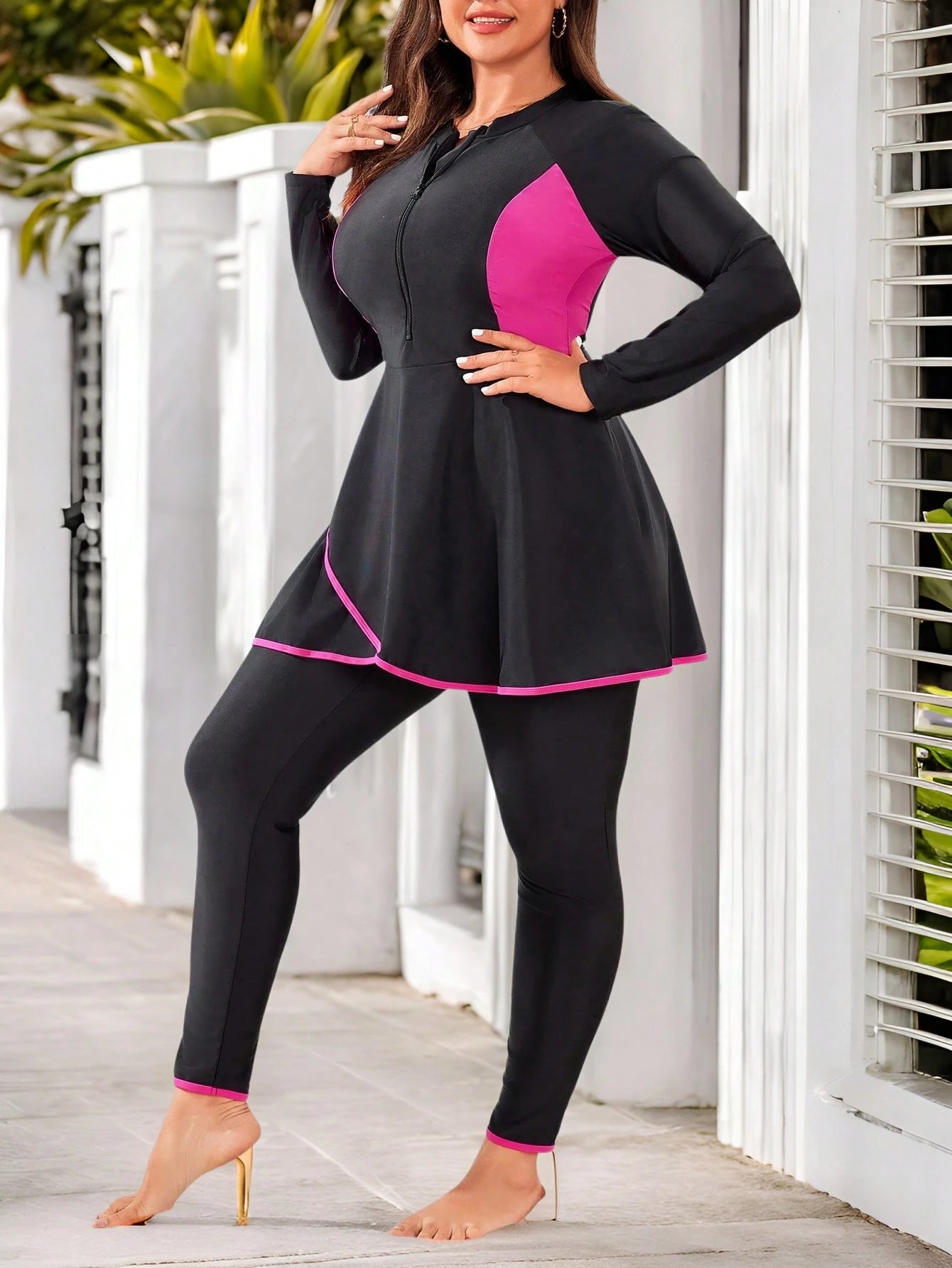 Swim Mulvari Plus Size Colorblock Zip Front Burkini Swimsuit Top & Pants For Summer Arabic Clothing