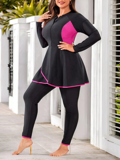 Swim Mulvari Plus Size Colorblock Zip Front Burkini Swimsuit Top & Pants For Summer Arabic Clothing