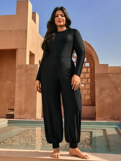 Swim Mulvari Plus Size Women's Solid Color Loose Drawstring Pants, Burkini Bottom