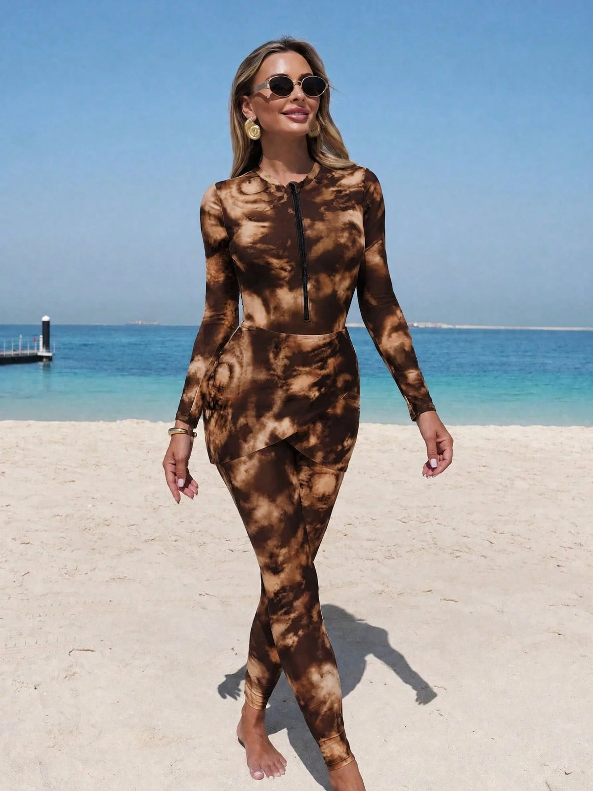 Swim Mulvari Printed Fabric Elegant Conservative Vacation Women's Swimsuit Set