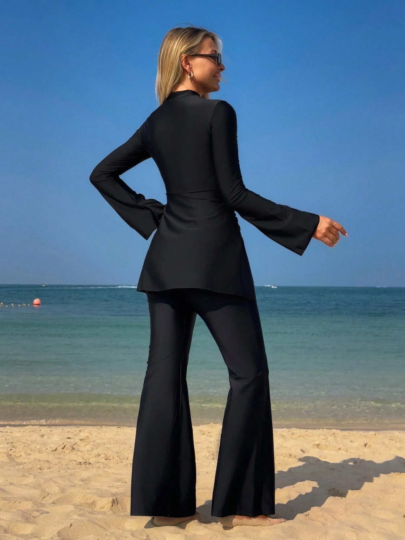 Swim Mulvari Summer Modest Swimsuit Beach Vacation Holiday,High Neck Long Sleeve Ruched Flared Cinched Waist UV Protection 2 Pieces Arabic Clothing