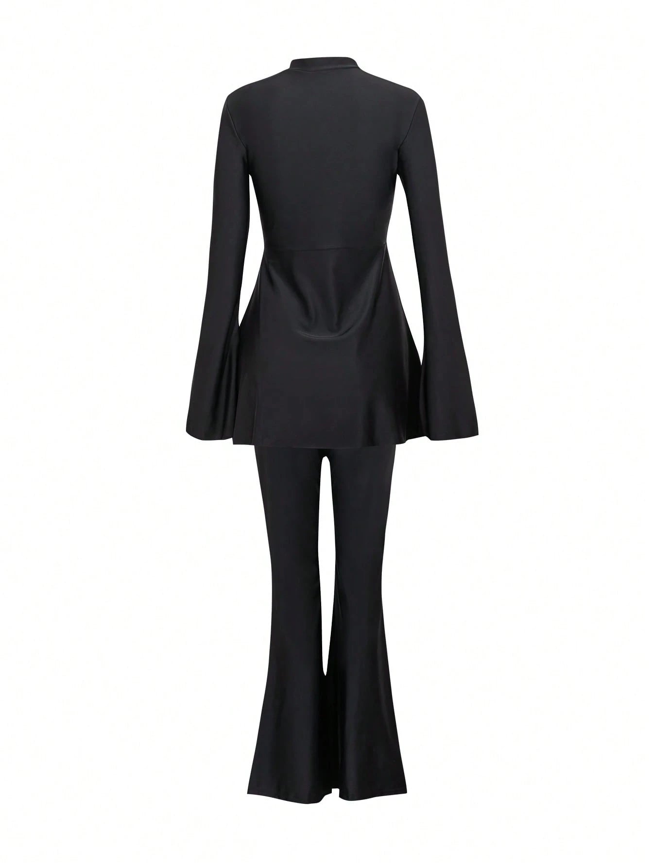 Swim Mulvari Summer Modest Swimsuit Beach Vacation Holiday,High Neck Long Sleeve Ruched Flared Cinched Waist UV Protection 2 Pieces Arabic Clothing