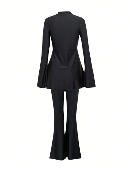 Swim Mulvari Summer Modest Swimsuit Beach Vacation Holiday,High Neck Long Sleeve Ruched Flared Cinched Waist UV Protection 2 Pieces Arabic Clothing