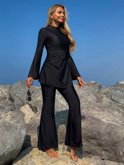 Swim Mulvari Summer Modest Swimsuit Beach Vacation Holiday,High Neck Long Sleeve Ruched Flared Cinched Waist UV Protection 2 Pieces Arabic Clothing